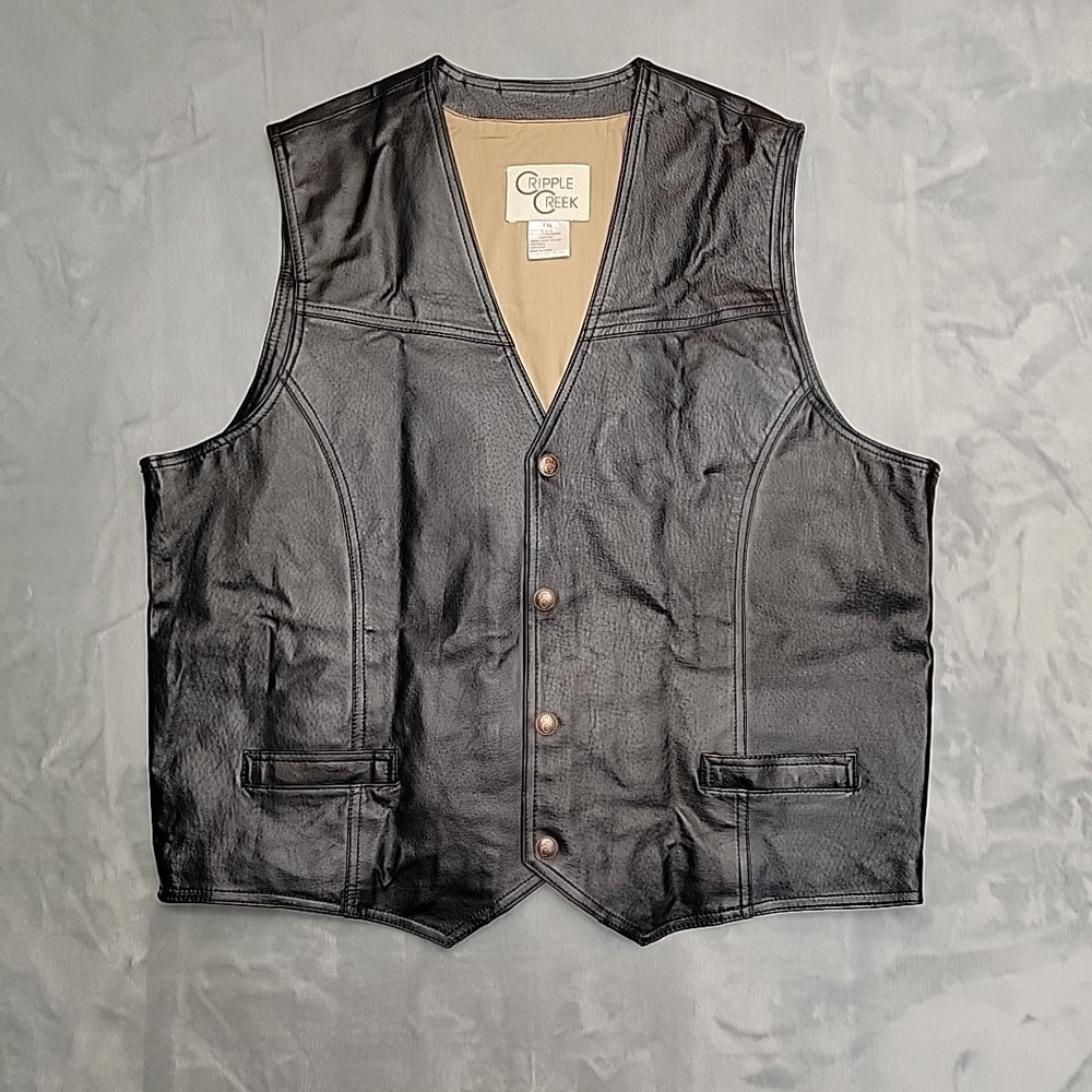 Cripple Creek Leather Vest Mens XXL Black Button Front Lined Western Cowboy